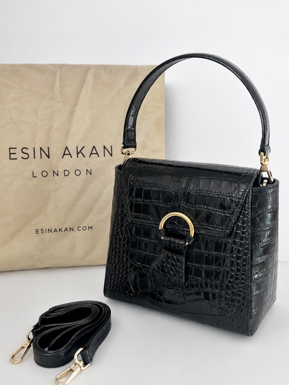 Rare Esin Akan London Women's Pimlico Top Handle Bag Black Croc NWT